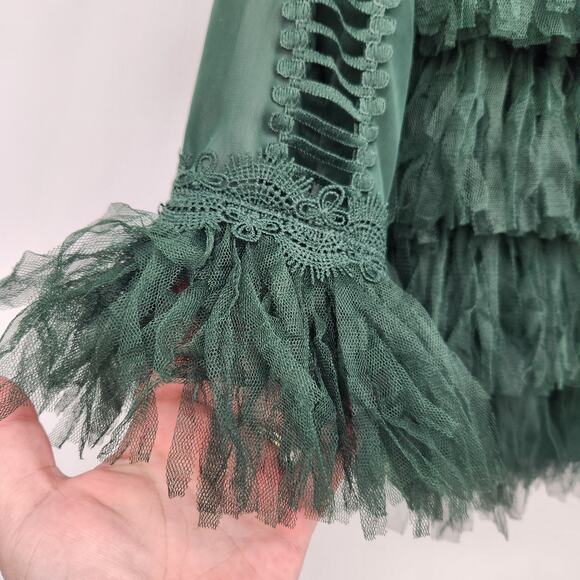 Mod X Evergreen Mesh Ladder Lace Sleeve Keyhole Back Tiered Tulle Top Women's XS - Picture 7 of 12